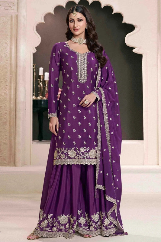 Purple Chinon Palazzo Pant Suit NCSM11410102