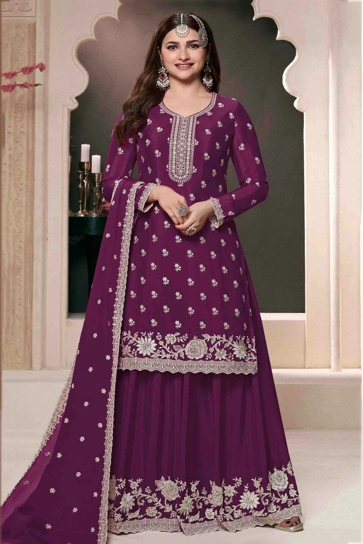 Purple Chinon Palazzo Pant Suit NCSM11410109