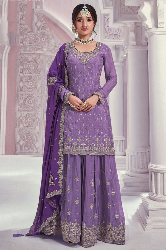 Purple Chinon Palazzo Pant Suit NCSM11410374