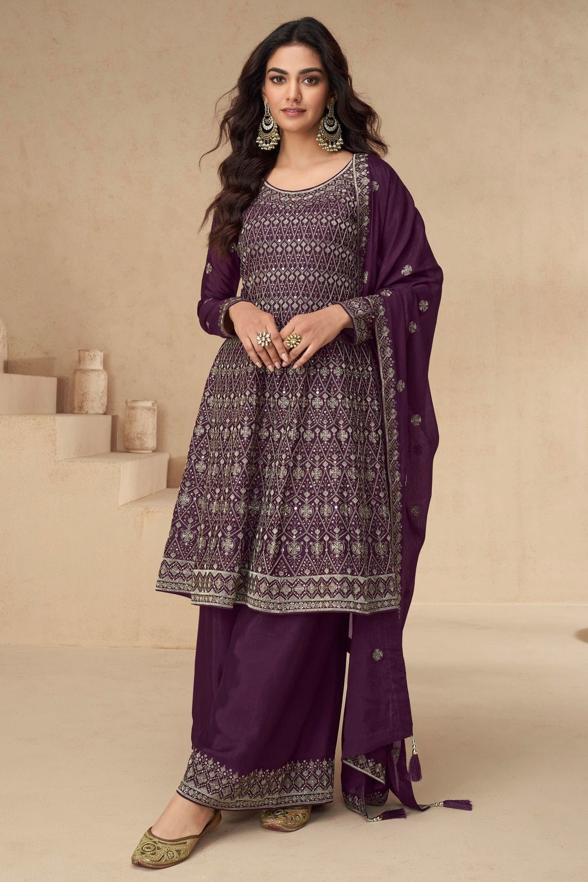 Purple Chinon Silk Palazzo Pant Suit NCSM11410402