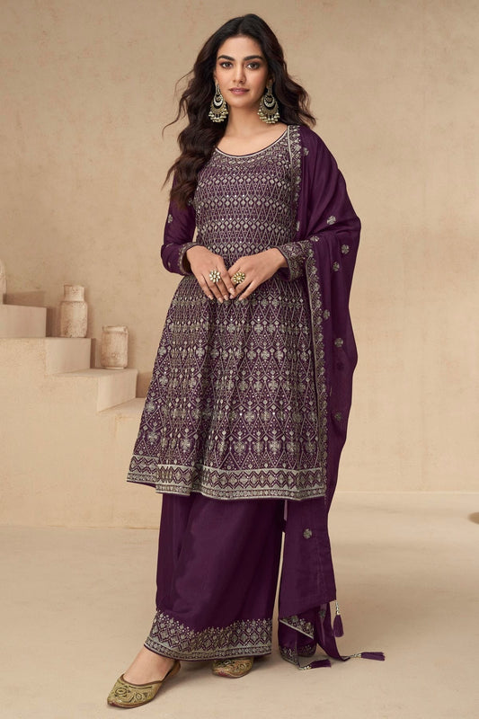 Purple Chinon Silk Palazzo Pant Suit NCSM11410402
