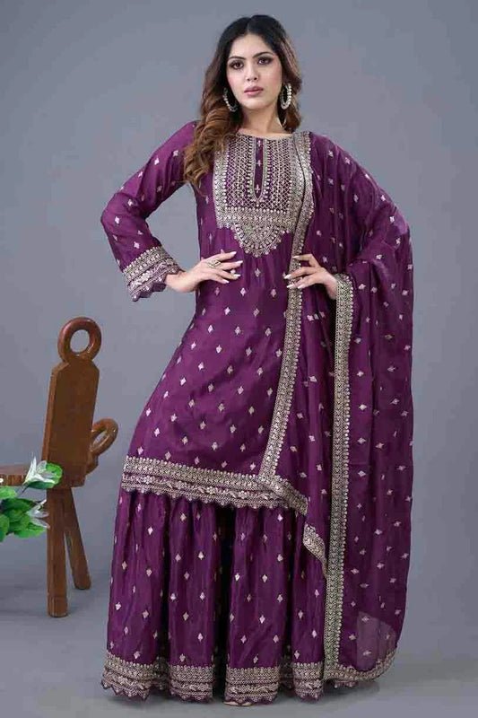 Purple Chinon Silk Stitched Sharara Suit NCSS11410200