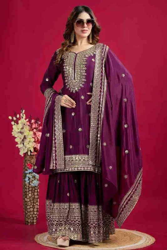 Purple Chinon Silk Stitched Sharara Suit NCSS11410273