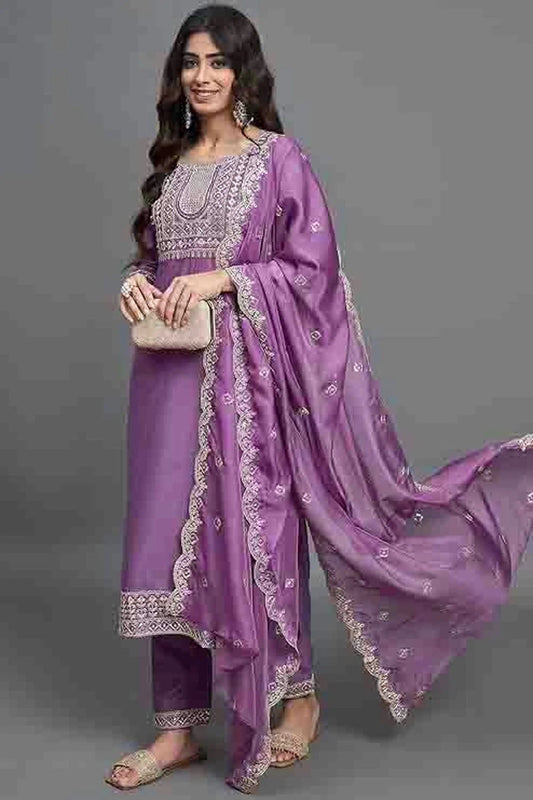 Purple Chinon Viscose Embroidery Pant Style Suit NCSS11110363