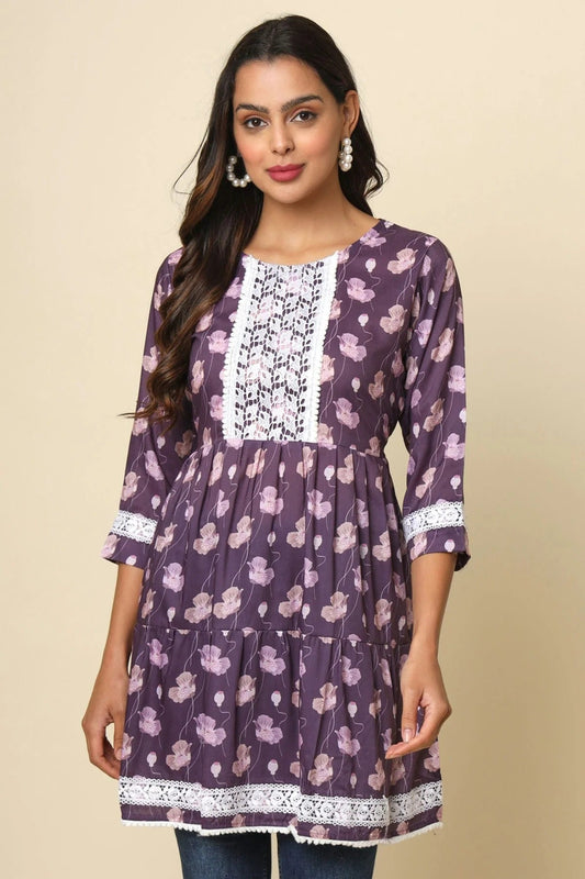 Purple Cotton Printed,Lace Readymade Top  NCTP11112295