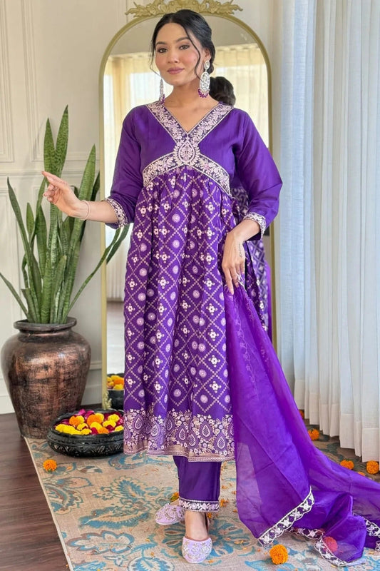 Purple Embroidery Chanderi Silk Stitched Suit NCSS11111289