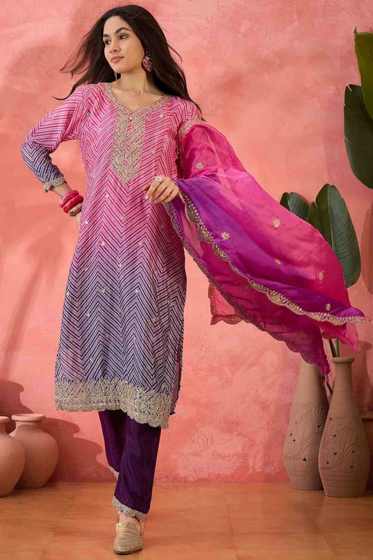 Purple Embroidery Chinon Silk Pant Style Suit NCSS11110494