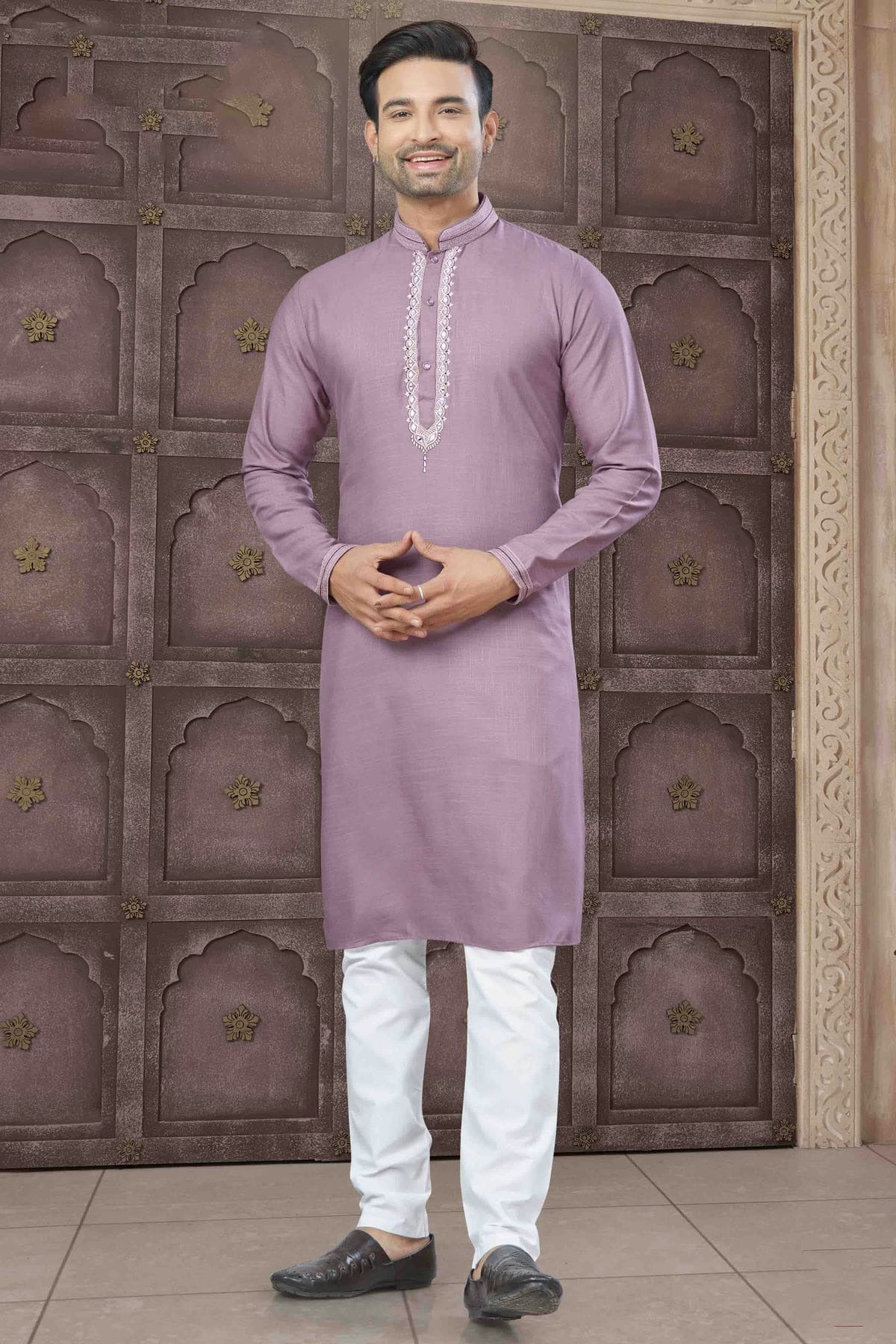 Purple Embroidery Cotton Kurta Pajama NCKP11110525