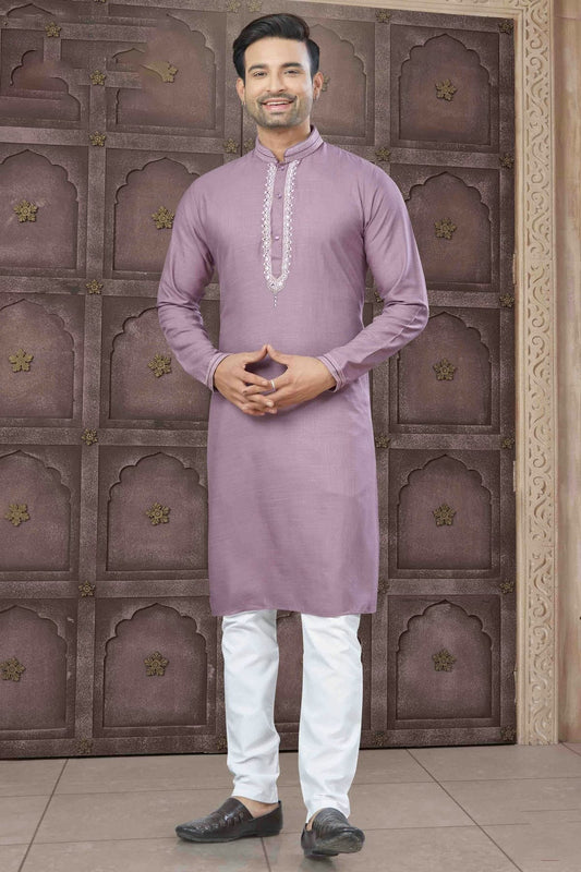 Purple Embroidery Cotton Kurta Pajama NCKP11110525