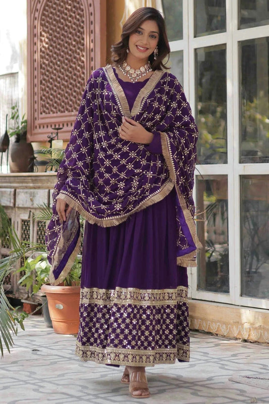Purple Embroidery Faux Georgette Gown NCGW11110478