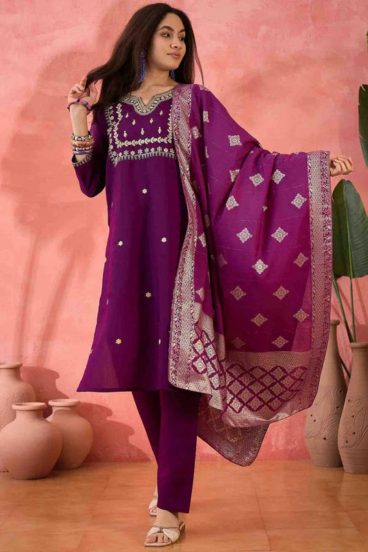 Purple Embroidery Roman Silk Pant Style Suit NCSS11110485