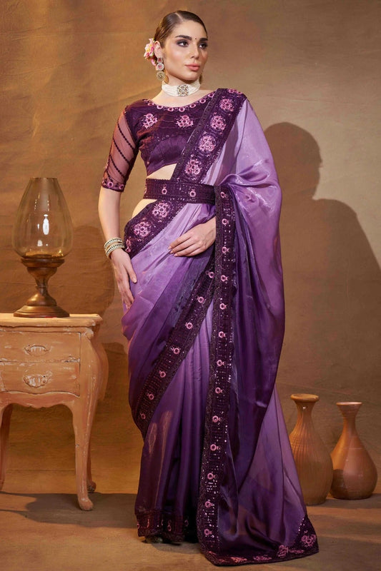 Purple Embroidery Satin Jimmy Choo Designer Saree NCSD11110623