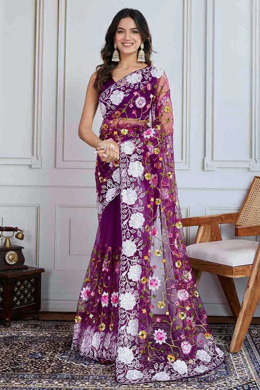 Purple Embroidery Soft Net Designer Saree NCSD11110591