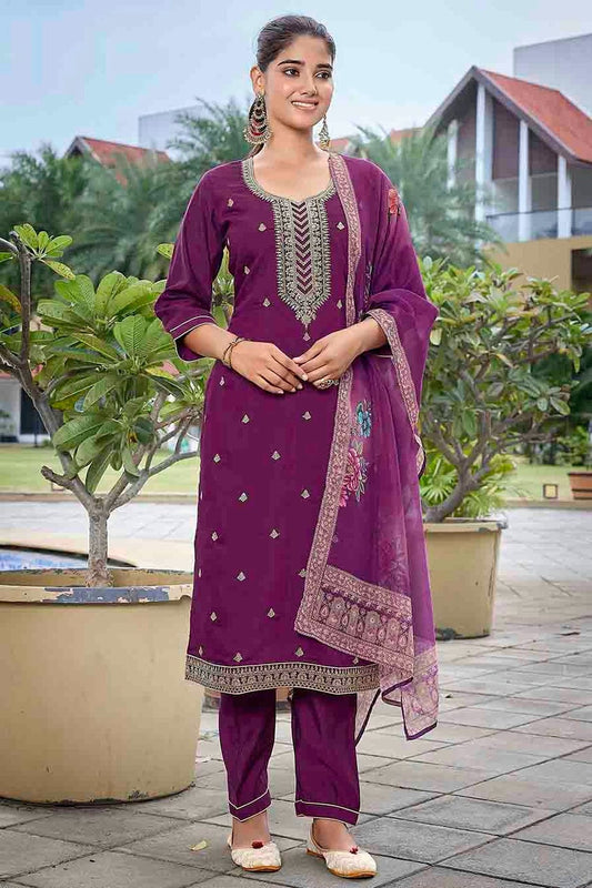 Purple Embroidery Viscose Chanderi Pant Style Suit NCSS11110522
