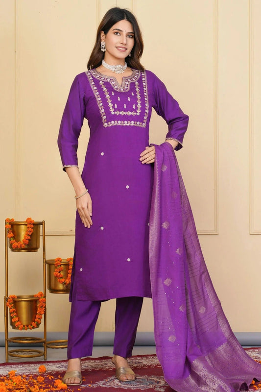 Purple Embroidery Viscose Chanderi Stitched Suit NCSS11111321