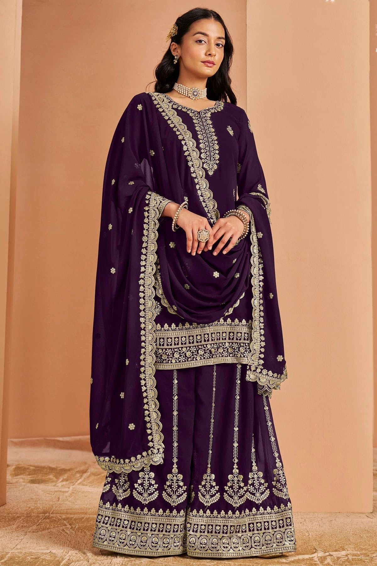 Purple Faux Georgette Palazzo Pant Suit NCSM10510150