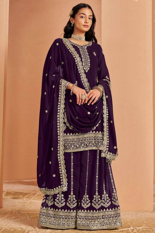 Purple Faux Georgette Palazzo Pant Suit NCSM10510150