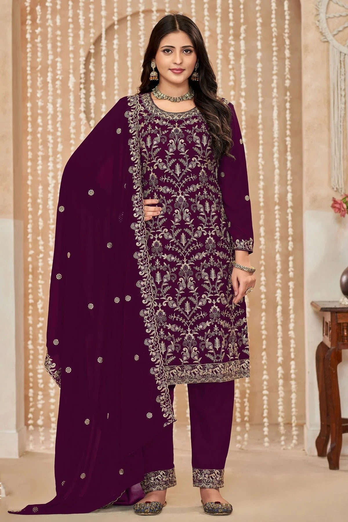 Purple Faux Georgette Pant Style Suit NCSM10510196
