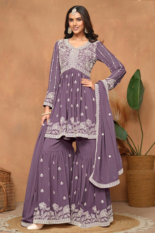 Purple Faux Georgette Sharara Suit NCSM10510222