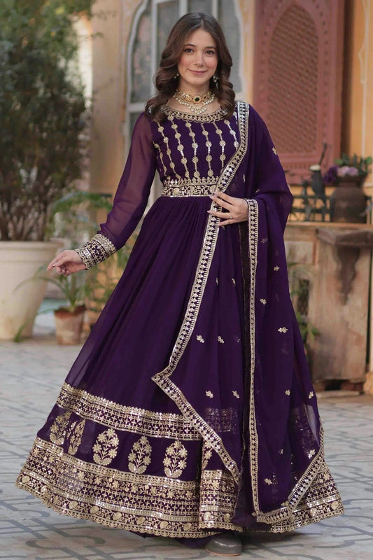 Purple Faux Georgette Stitched Gown NCGW11110846