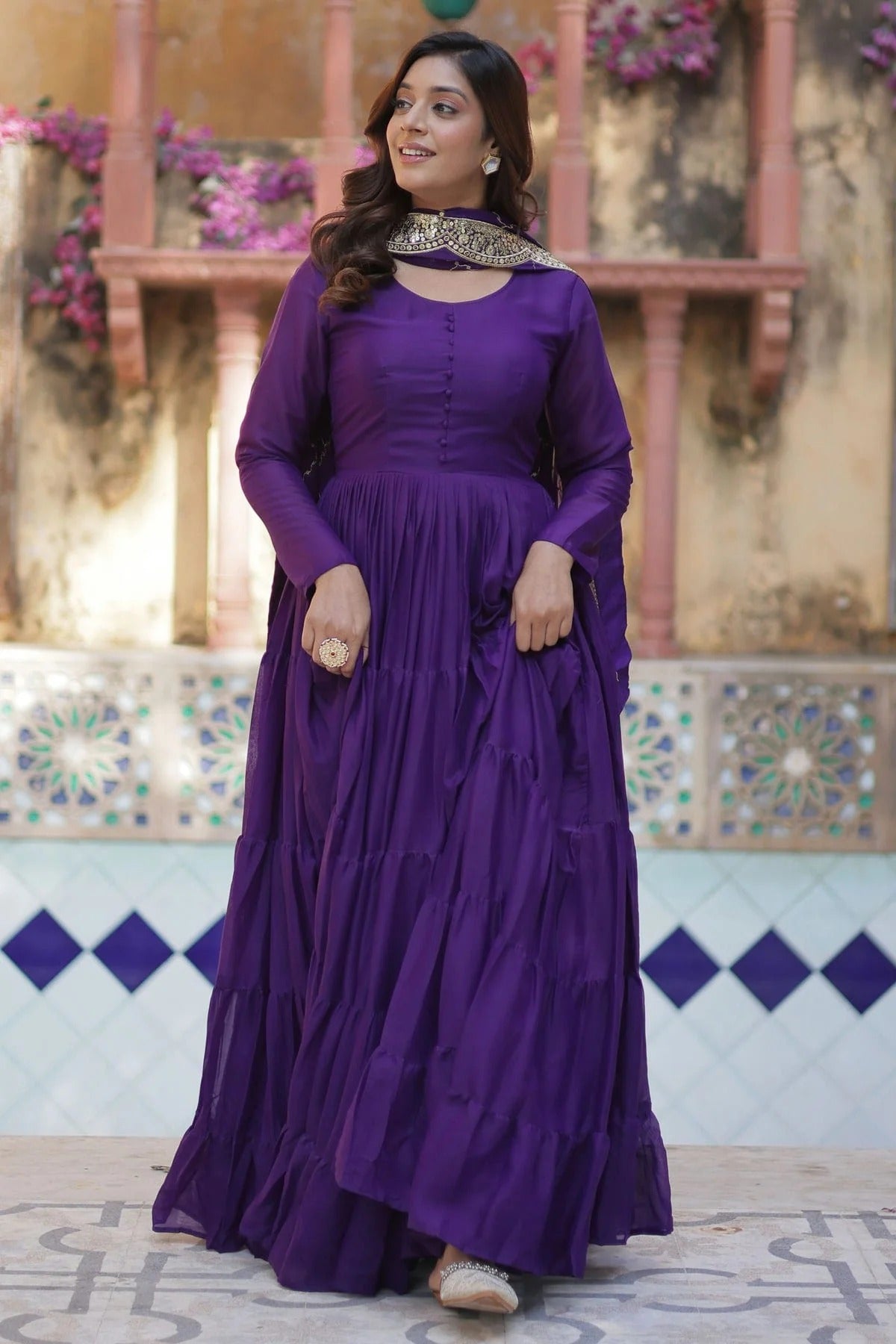 Purple Faux Georgette Stitched Gown NCGW11111350
