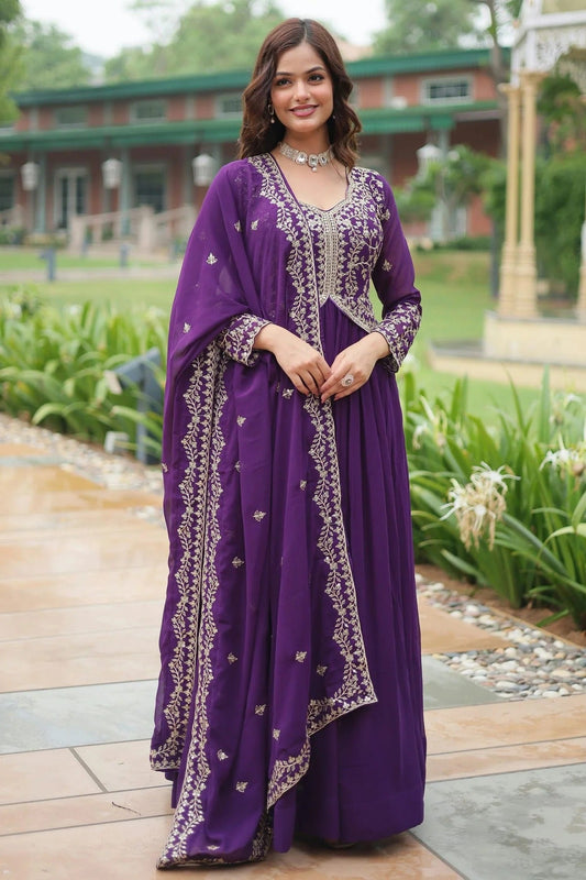 Purple Faux Georgette Stitched Gown NCGW11111366
