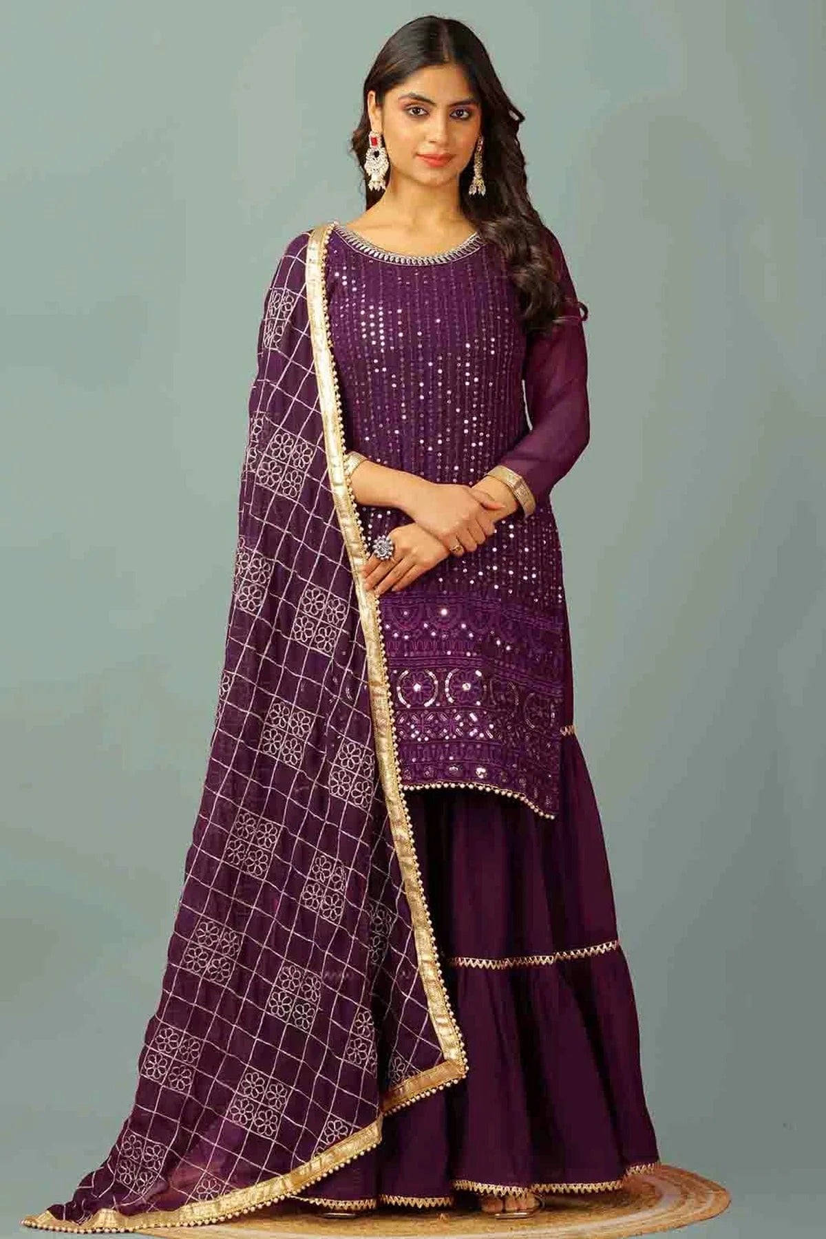 Purple Faux Georgette Stitched Sharara Suit NCSS11410175
