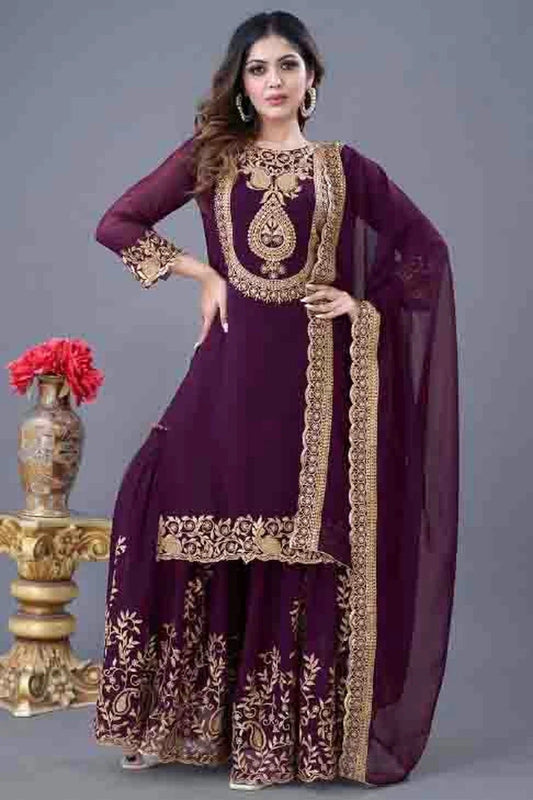 Purple Faux Georgette Stitched Sharara Suit NCSS11410198