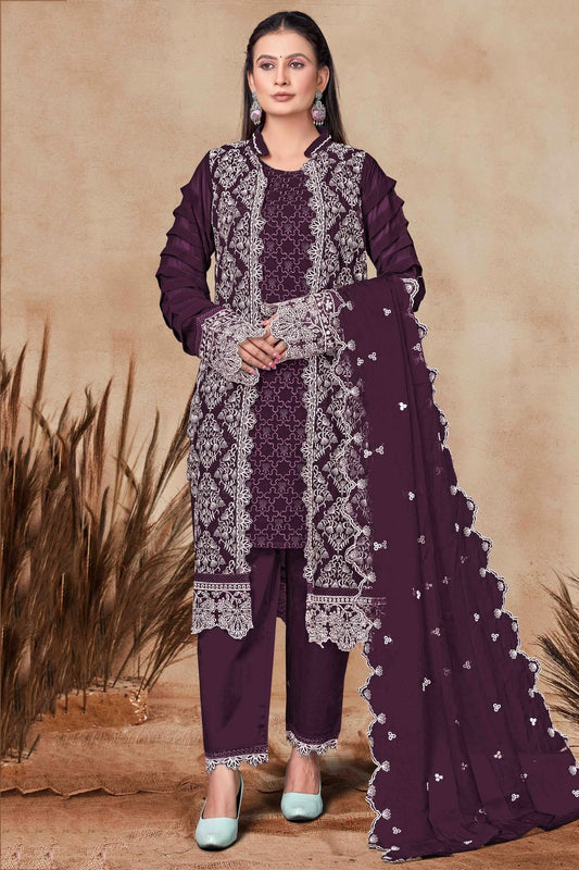 Purple Georgette Pant Style Suit NCSM11410160