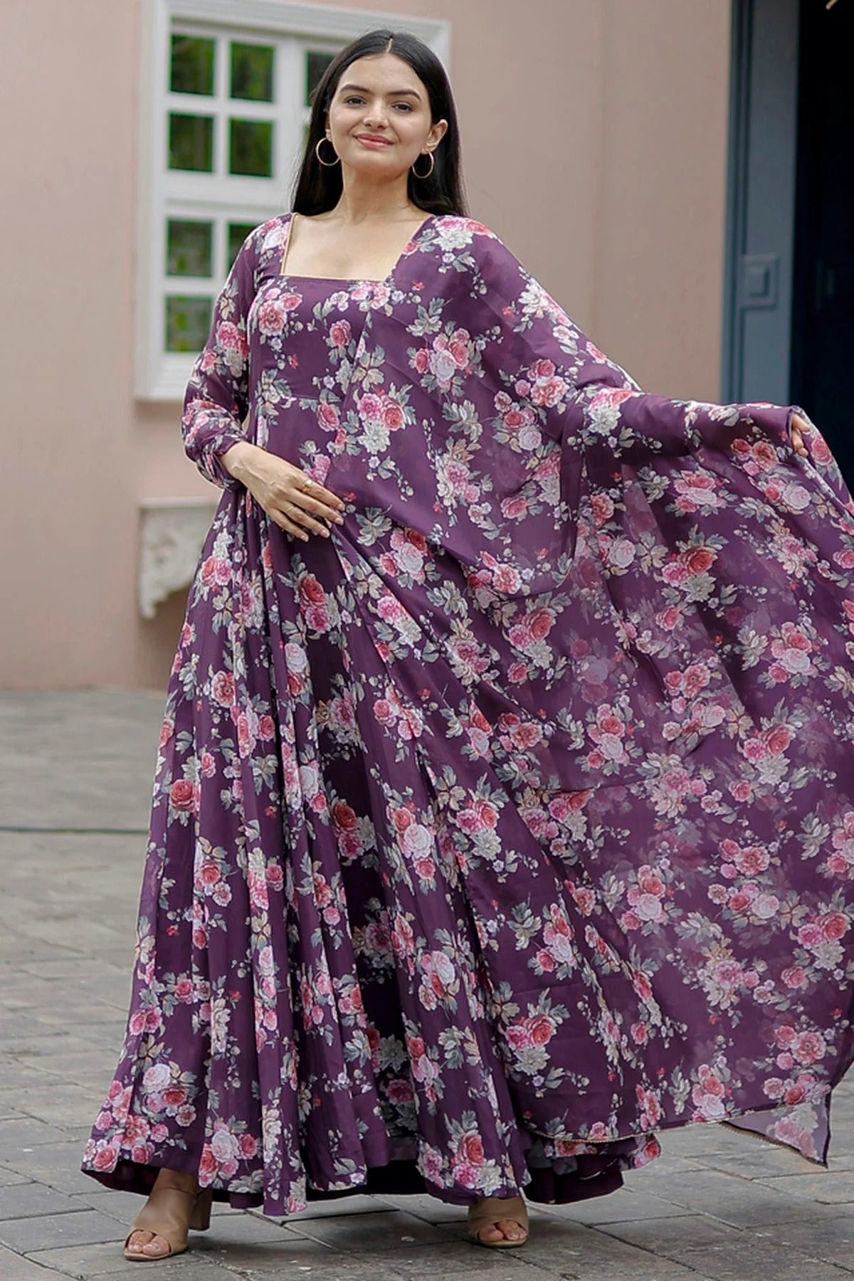 Purple Georgette Stitched Gown NCGW11111369