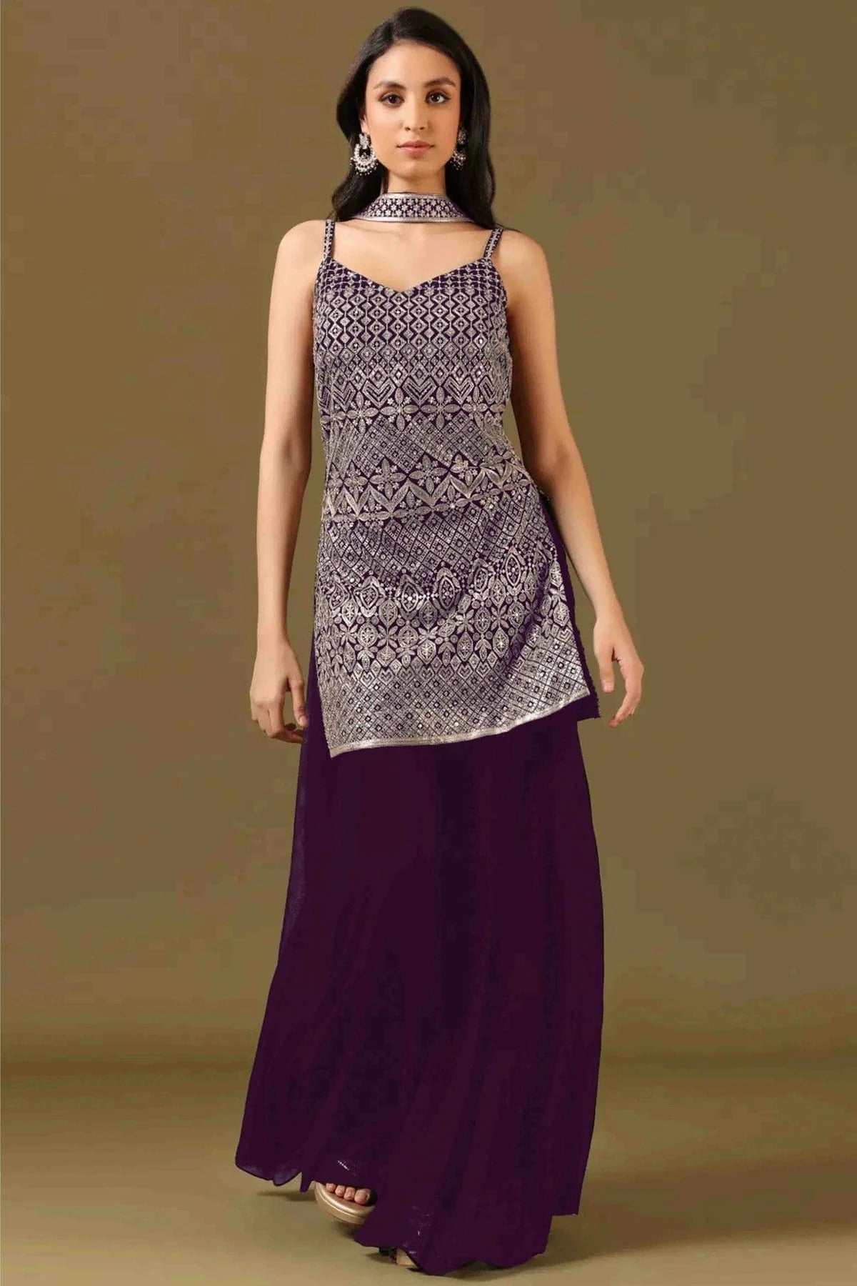 Purple Georgette Stitched Sharara Suit NCSS11410167