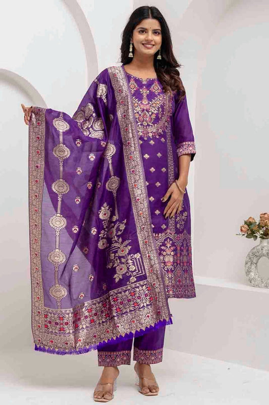 Purple Jacquard Silk Woven and Hand Pant Style Suit NCSS11110322