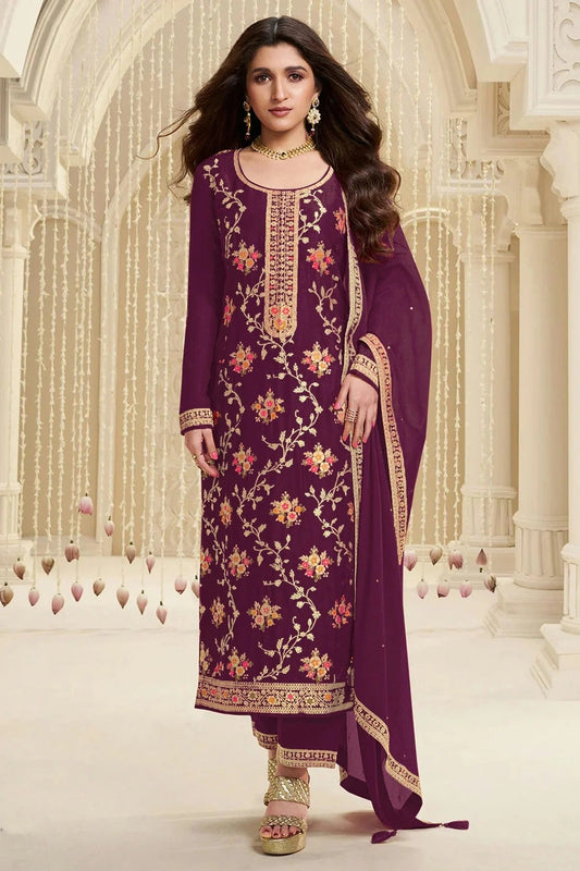 Purple Jacquard Viscose Straight Suit NCSM11410386