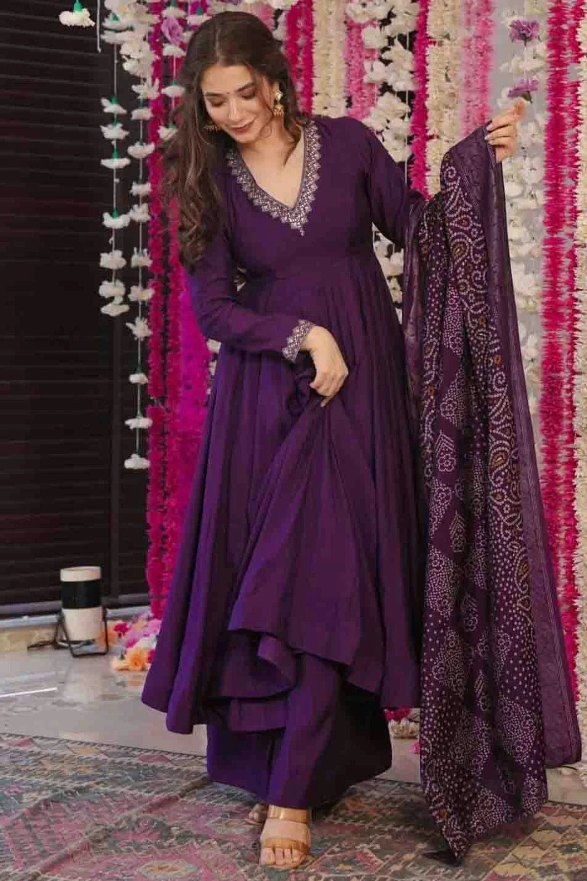 Purple PV Chanderi Embroidery Palazzo Pant Suit NCSS11110364
