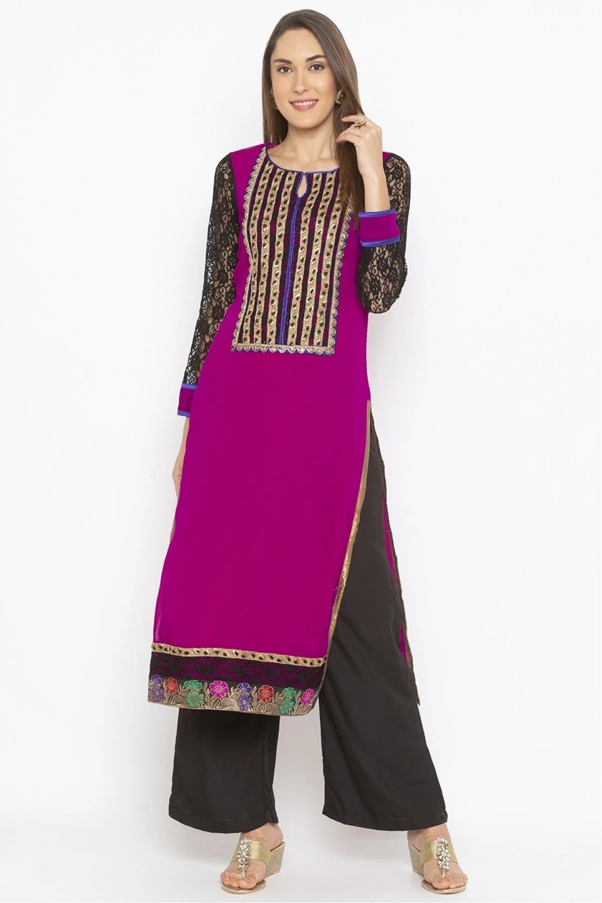 Purple Plus Size Georgette Embroidery Kurta Set NCKR10710236