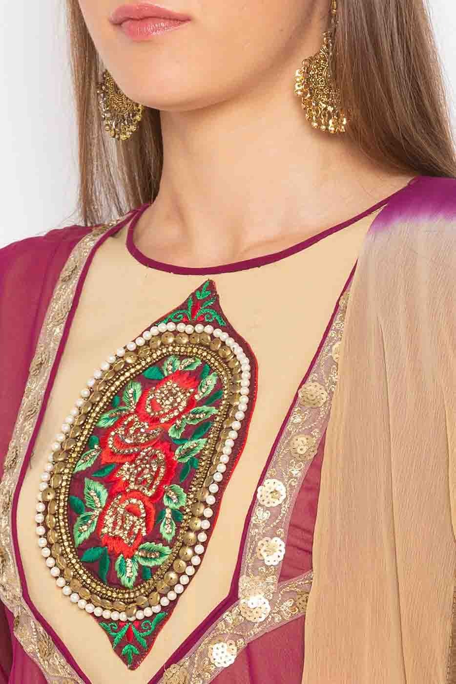 Purple Plus Size Stitched Georgette Embroidery Pant Style Suit NCSS10710593