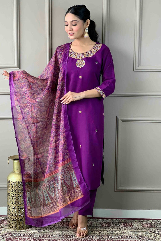 Purple Rayon Slub Stitched Suit NCSS11110696