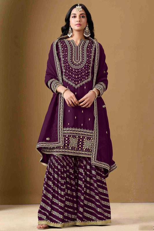 Purple Semi Stitched Art Silk Palazzo Pant Suit NCSM10510101