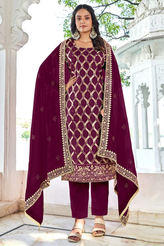 Purple Semi Stitched Blooming Vichitra Pant Style Suit NCSM11410524
