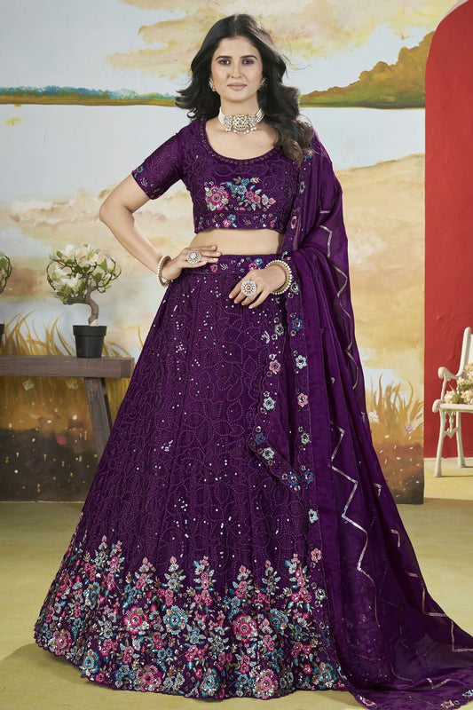 Purple Semi Stitched Chinon Lehenga Choli NCLC11111256