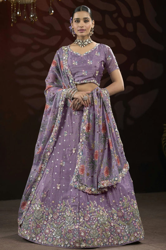Purple Semi Stitched Chinon Lehenga Choli NCLC11111261