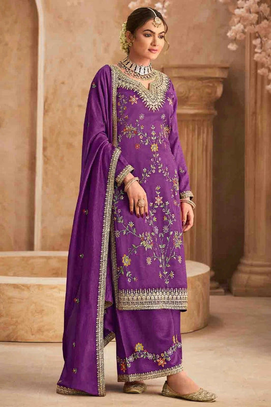 Purple Semi Stitched Chinon Palazzo Pant Suit NCSM11410302