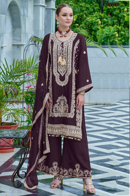 Purple Semi Stitched Chinon Palazzo Pant Suit NCSM11410337
