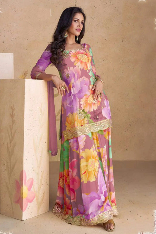Purple Semi Stitched Chinon Palazzo Pant Suit NCSM11410488