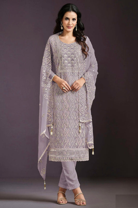 Purple Semi Stitched Chinon Straight Suit NCSM11111029