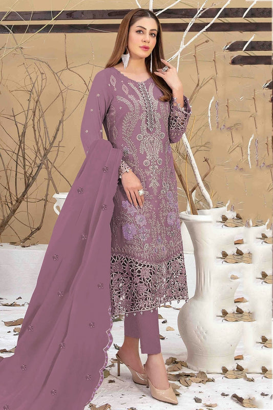 Purple Semi Stitched Faux Georgette Pakistani Suit NCSM11410458
