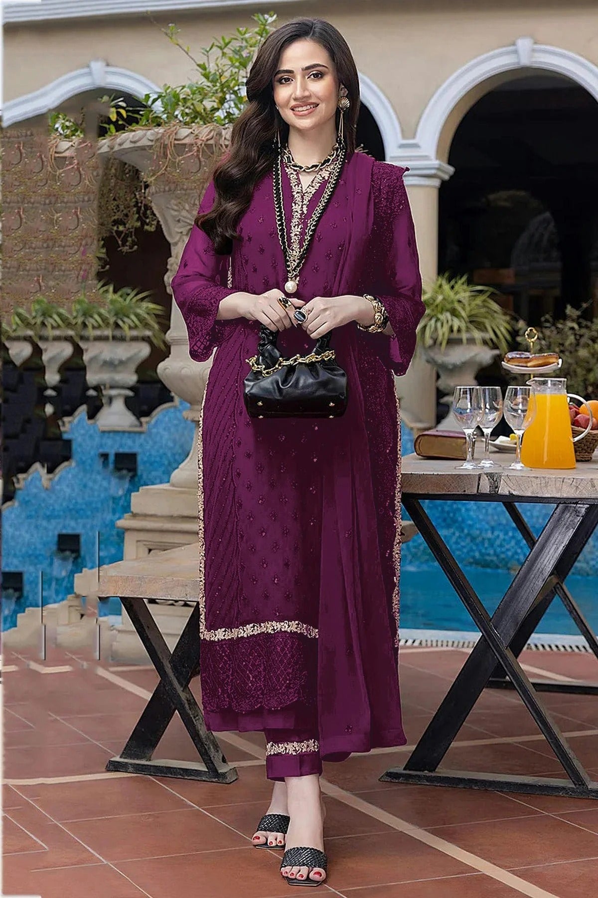 Purple Semi Stitched Faux Georgette Pakistani Suit NCSM11410462