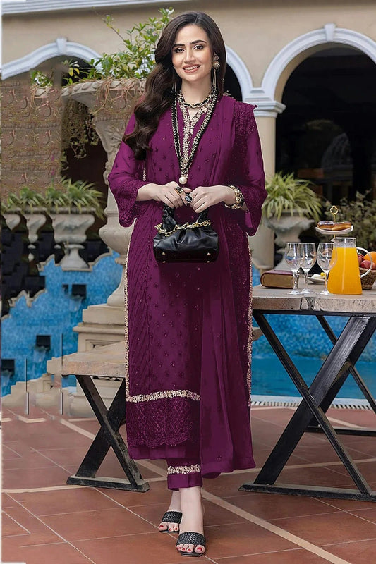 Purple Semi Stitched Faux Georgette Pakistani Suit NCSM11410462