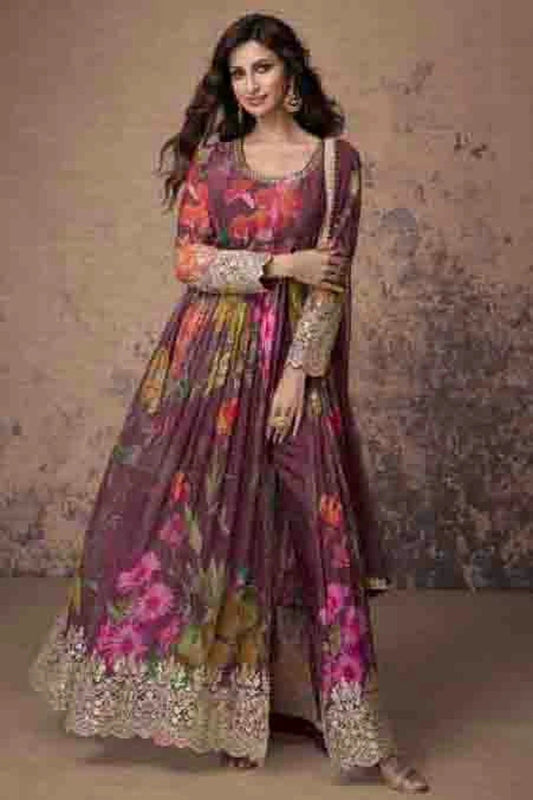 Purple Semi Stitched Faux Georgette Pant Style Suit NCSM11410327
