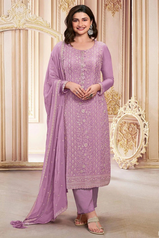 Purple Semi Stitched Faux Georgette Pant Style Suit NCSM11410473